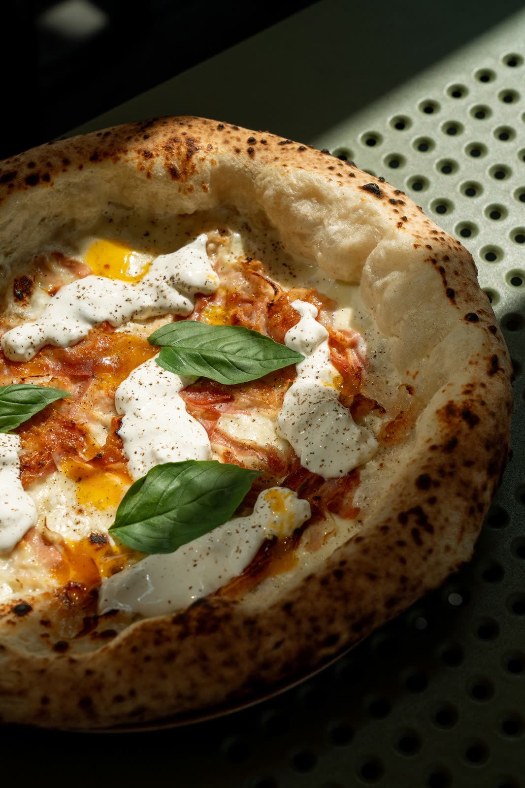 Pizza with burrata, top view